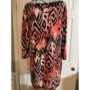 Style & Co Womens Dress Size L Coral Black Abstract Print Long Sleeve Tunic